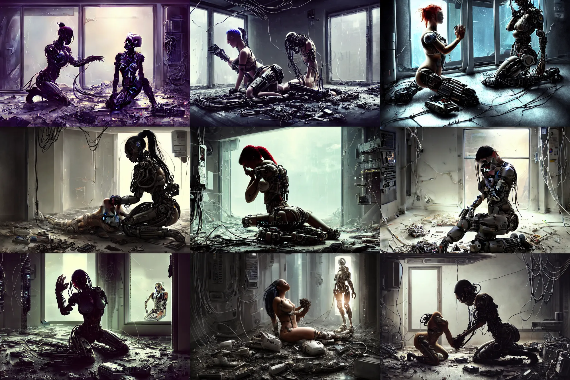 Prompt: Ultra realistic illustration, incredibly beautiful and alluring damaged female spec ops cyborg kneeling on the floor crying while holding the severed head of another cyborg, in a destroyed futuristic super advanced military medical bay with cables hanging from ceiling, cables on floor, cracked picture window, beautiful face, voluptuous body, beautiful alluring science observing, cyberpunk, sci-fi, fantasy, intricate, elegant, highly detailed, digital painting, artstation, concept art, smooth, sharp focus, illustration, dramatic lighting, art by artgerm and greg rutkowski and alphonse mucha