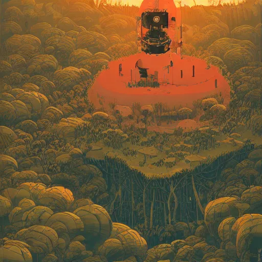 Image similar to aerial isometric view of a giant decaying robot head in middle of lush forest , highly detailed, sunset, by Victo Ngai and James Gilleard , Moebius, Laurie Greasley