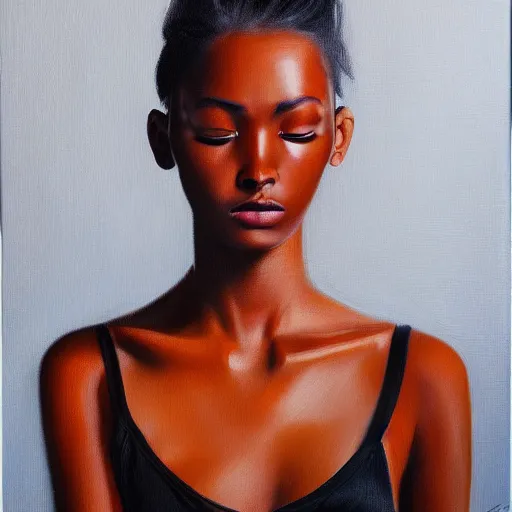 Image similar to fashion model with half black face, hyperrealism oil painting