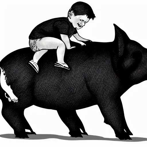 Image similar to small young boy riding large fat pig, black and white, cartoon, detailed, crosshatch