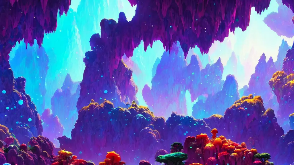 Image similar to colorful crystal cluster cave, studio ghibli, pixar and disney animation, sharp, rendered in unreal engine 5, highly detailed, digital painting, artstation, concept art, smooth, sharp focus, illustration, wide angle, artbook, wallpaper, splash art, promo art, dramatic lighting, art by artgerm and greg rutkowski and bo chen and jin xiaodi