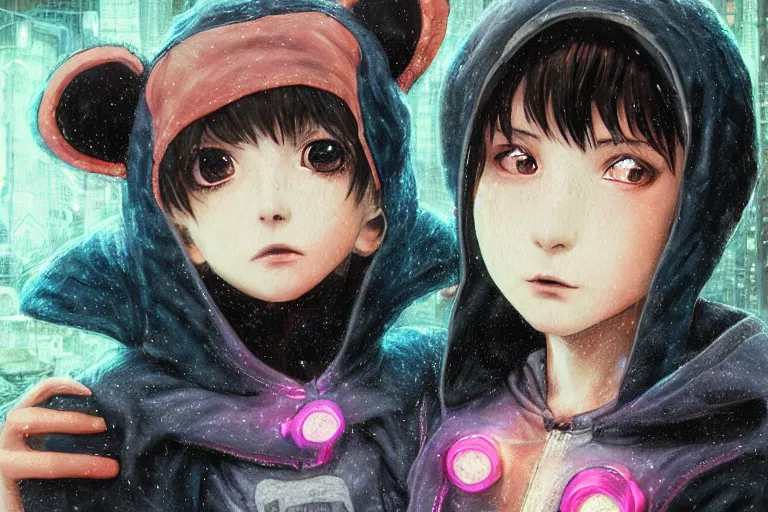 Prompt: an epic fantasy comic book style portrait painting of an extremely cute and adorable very beautiful cyberpunk lain ( serial experiments lain ) wearing a teddy bear hoodie in the rain, neon reflections, character design by mark ryden and pixar and hayao miyazaki, unreal 5, daz, hyperrealistic, octane render, cosplay, rpg portrait, dynamic lighting, intricate detail, cinematic