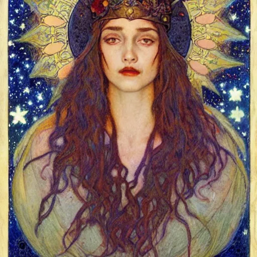 Image similar to queen of the moon with stars in her hair, by annie swynnerton and tino rodriguez and nicholas roerich and jean delville and donato giancola, dramatic lighting, floral tattoos, rich colors, smooth sharp focus, extremely detailed, adolf wolfli