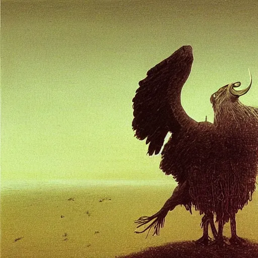 Image similar to the man with the beak of an eagle, the mane of a lion, the horns of a bull. drawn by zdzislaw beksinski