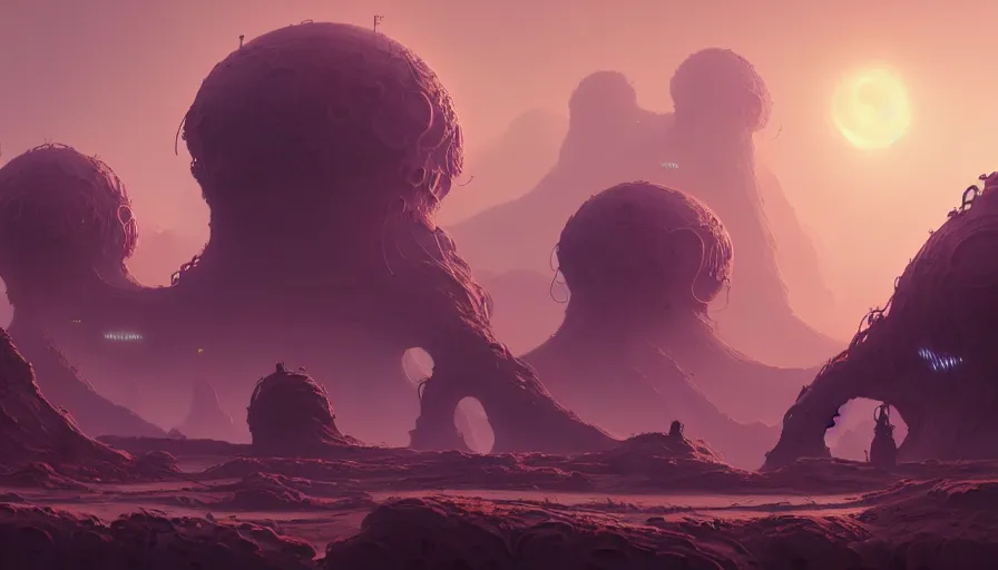 Image similar to highly detailed matte painting of a weird cryptobiological tangled alien landscape by atey ghailan, by greg rutkowski, by greg tocchini, by james gilliard, by joe fenton, purple, brown, black and yellow color scheme, octane render