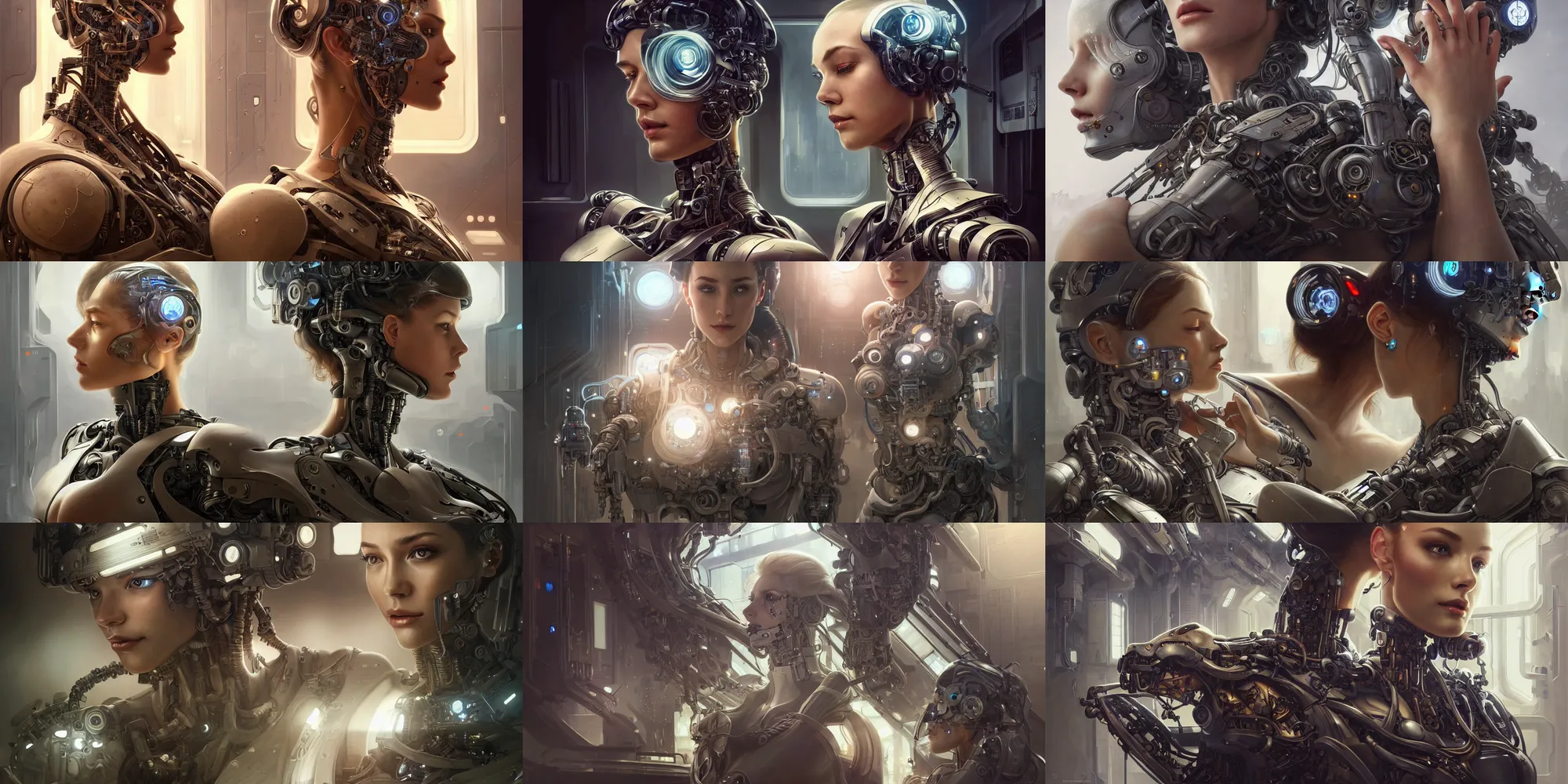 Prompt: Ultra realistic illustration, beautiful alluring damaged top secret cyborg being put back together in an super advanced military medical bay, gorgeous face, cyberpunk, sci-fi, fantasy, intricate, elegant, highly detailed, digital painting, artstation, concept art, smooth, sharp focus, illustration, art by artgerm and greg rutkowski and alphonse mucha