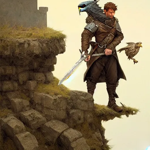 Image similar to rough middle age ranger with a falcon pet and a long sword, he is on top a cliff observing old ruins of a castle, elegant clothing, photorealistic render, matte patining, highly detailed, artstation, smooth, sharp focus, art by michael whelan, artgerm, greg rutkowski and alphonse mucha