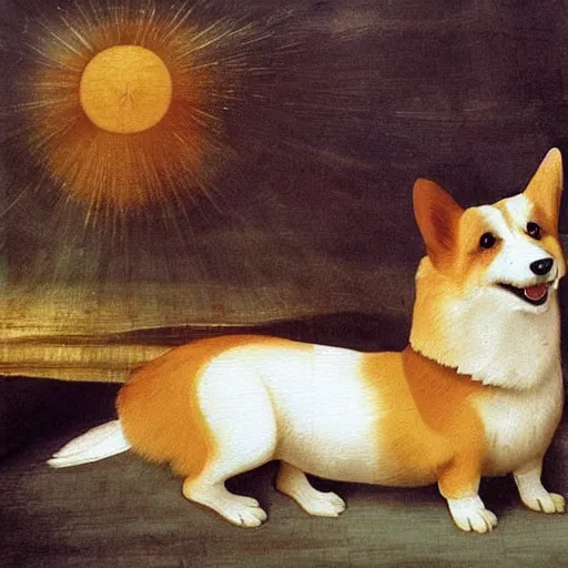 Image similar to corgi dog in cosmos painting, leonardo da vinci style