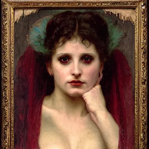 Prompt: a renaissance oil painting close shot face portrait by alma tadema of a demon vampire beautiful woman wearing sapphire jewellery, colourful pastel, detailed academic bouguereau, sharp focus, high contrast studio lighting