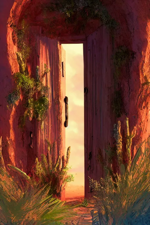 Image similar to digital painting of a doorway in a desert that leads to a secret garden, concept art, artstation, fantasy, fantasy aesthetic, fantasy vibe, colorful, faded effect, artstation, trending, detailed, small details, scenery,