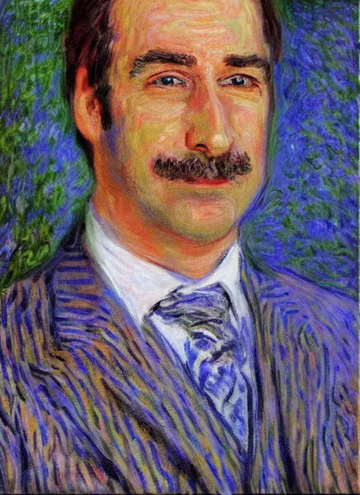 Prompt: a detailed professionally - done promotional oil portrait of saul goodman by claude monet