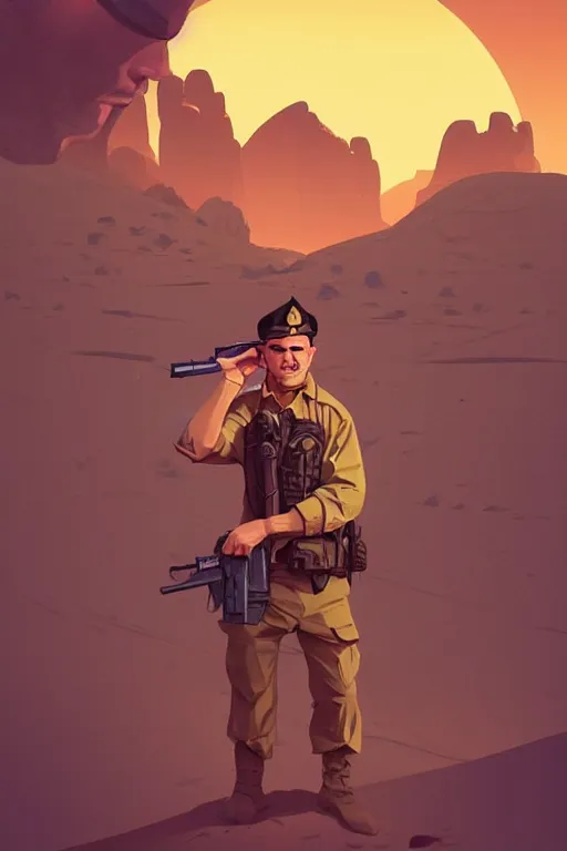 Prompt: funny drunk soldier with revolver in his hand in the desert, smooth face, centered median photoshop filter cutout vector behance hd by artgerm, jesper ejsing, by rhads, makoto shinkai and lois van baarle, ilya kuvshinov, rossdraws, illustration, art by ilya kuvshinov and gustav klimt