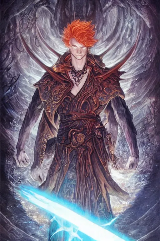 Image similar to young male redhead Spellcaster standing, a spell glowing between his hands, with glowing runes tattoos on him, D&D dark fantasy style, sharp focus, ultra detailed, art by Artgerm and Peter Andrew Jones, Karol Bak, Ayami Kojima, Amano and Olivier Ledroit