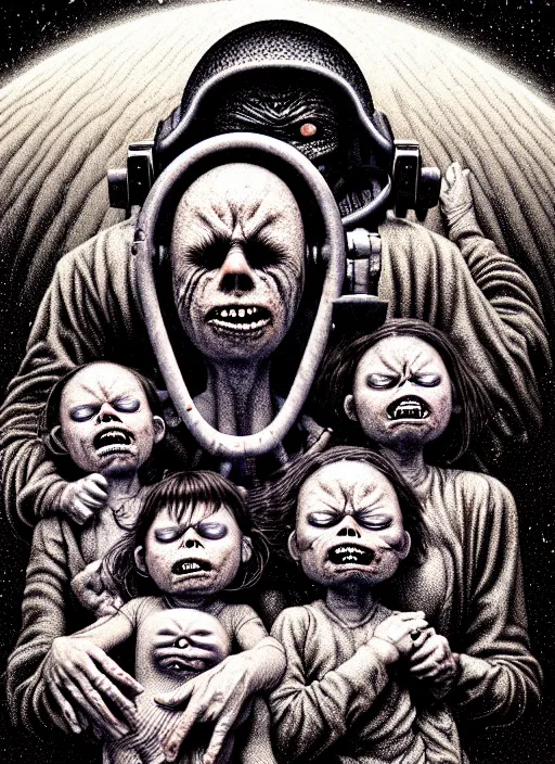 Prompt: detailed image of a crying and creepy family in the deep space by richard corben, rich deep colors. masterpiece . intricate artwork, very coherent symmetrical artwork, cinematic, hyper realism, high detail, auschwitz camp, octane render, unreal engine, 8k, Vibrant colors, Smooth gradients, High contrast, depth of field. by Katsuhiro Otomo, full body character drawing, inspired by Evangeleon, clean ink detailed line drawing, intricate detail, extremely detailed.