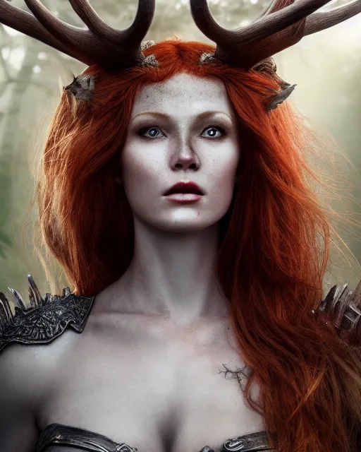 Image similar to 5 5 mm portrait photo of an armored redhead woman warrior, and antlers growing from her head, in a magical forest. by luis royo. highly detailed 8 k. intricate. lifelike. soft light. nikon d 8 5 0. cinematic post - processing