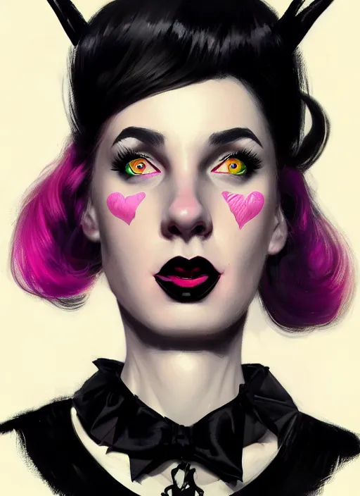 Image similar to portrait of a fun young woman with a crooked nose and a confident expression, 1 9 6 0 s, black clothes, goth, punk, brightly coloured hair, funk, intricate, elegant, highly detailed, digital painting, artstation, concept art, smooth, sharp focus, illustration, art by wlop, mars ravelo and greg rutkowski