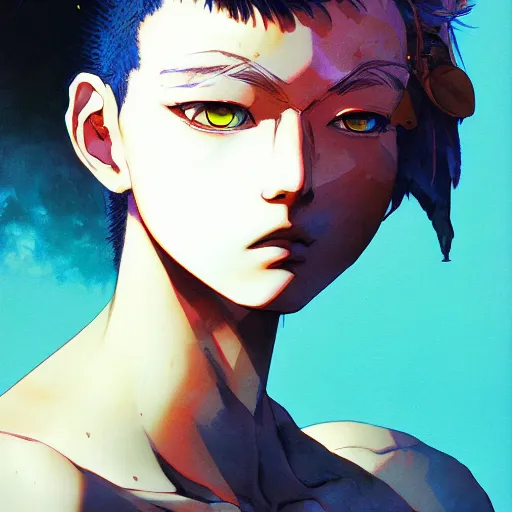 Image similar to prompt : fighter portrait soft light painted by james jean and katsuhiro otomo and erik jones, inspired by evangeleon anime, smooth face feature, intricate oil painting, high detail illustration, sharp high detail, manga and anime 1 9 9 0