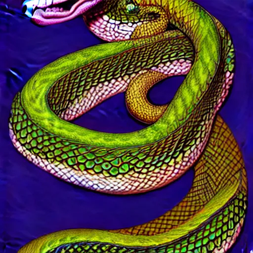 Image similar to an extremely psychedelic portrait of a snake, surreal, lsd, face, detailed, intricate, elegant, lithe, highly detailed, digital painting, artstation, concept art, smooth, sharp focus, illustration