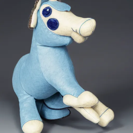 Image similar to a felt plush horse in dusty blue with ornate detailed embroidery decoration