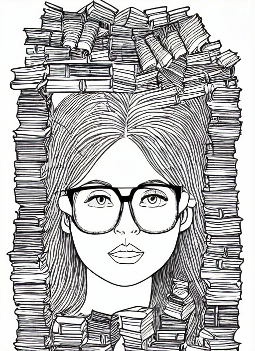 Prompt: clean line art of a woman with light brown hair and glasses sitting on top of a tall pile of books. well composed, clean coloring book page, beautiful detailed face. coloring book line art by johanna basford