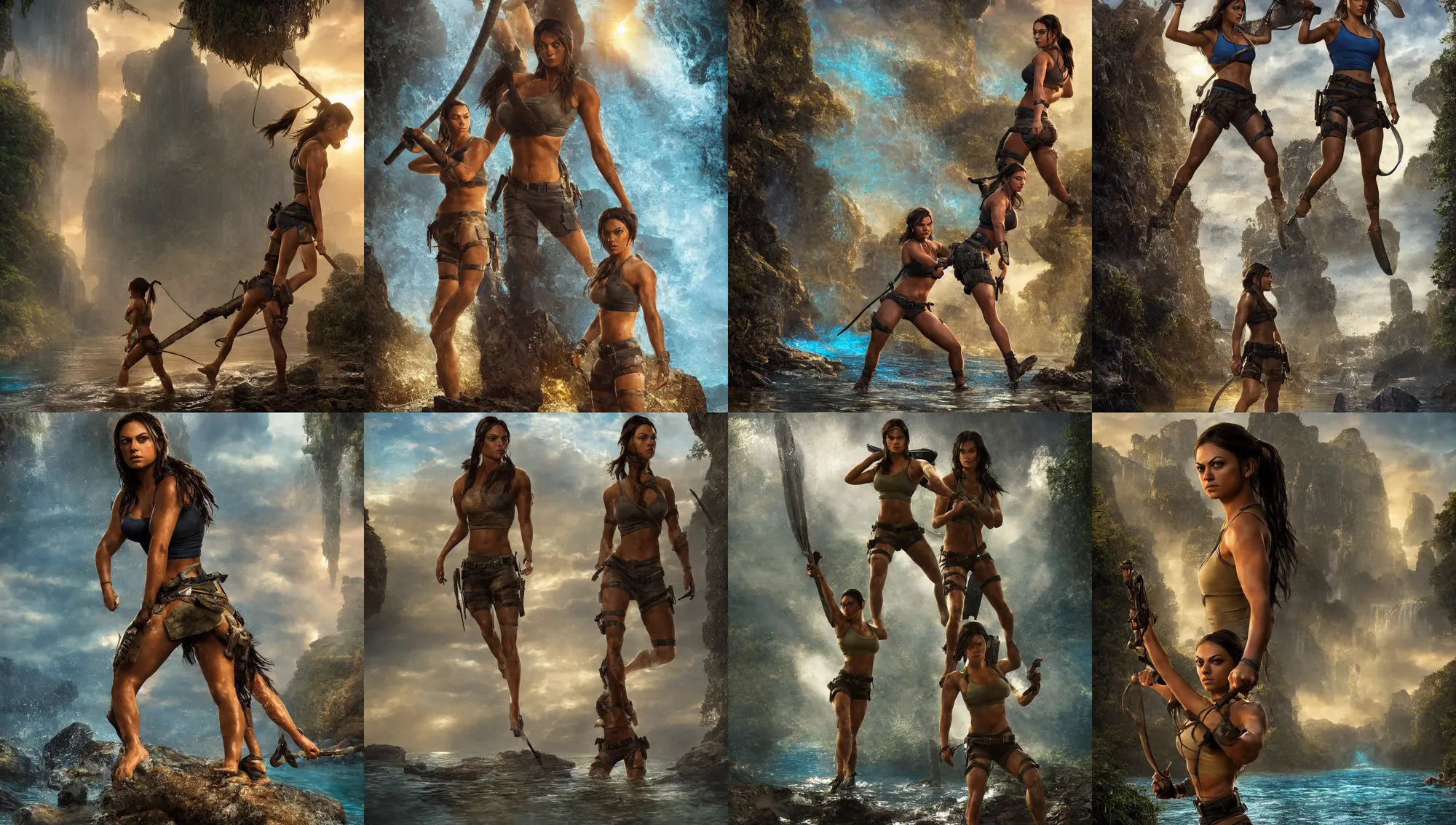 Image similar to muscled young mila kunis as lara croft as a ruggedly handsome amazon wading through shallow blue glowing water, 2 0 0 mm focal length, epic vista, ruins, sundown, golden hour, intricate, elegant, stanley lau, greg rutkowski