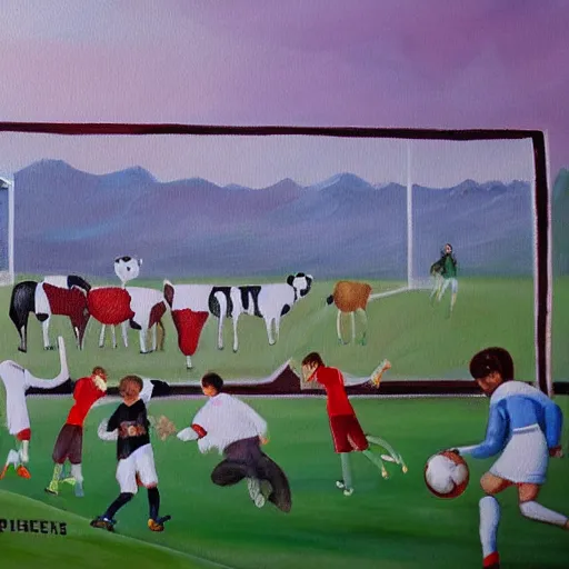 Image similar to painting of soccer game played by cows