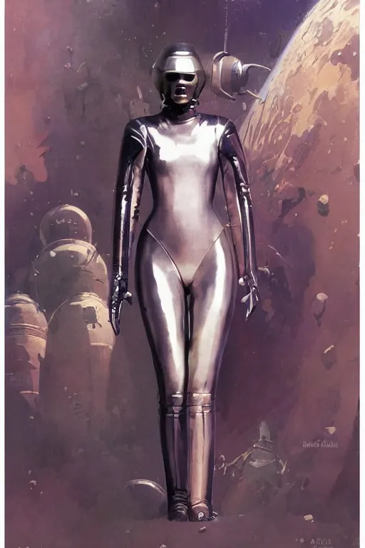 Image similar to pulp scifi fantasy illustration full body portrait of elegant woman wearing latex spacesuit, by norman rockwell, jack kirby, bergey, craig mullins, ruan jia, jeremy mann, tom lovell, 5 0 s, astounding stories, fantasy