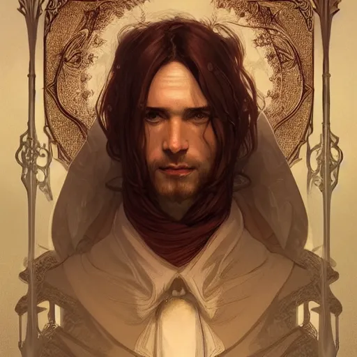 Image similar to portrait of a male necromancer, D&D, fantasy, intricate, elegant, highly detailed, digital painting, artstation, concept art, smooth, sharp focus, illustration, art by artgerm and greg rutkowski and alphonse mucha