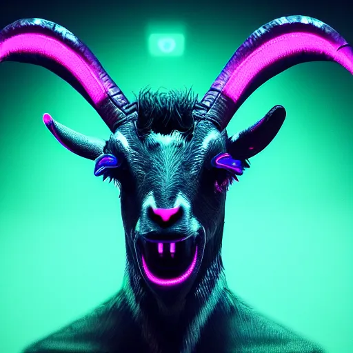 Image similar to synthwave demonic goat face with neon horns, detailed face, sharp focus, synthwave art, aesthetic, octane render, raw, cinematic