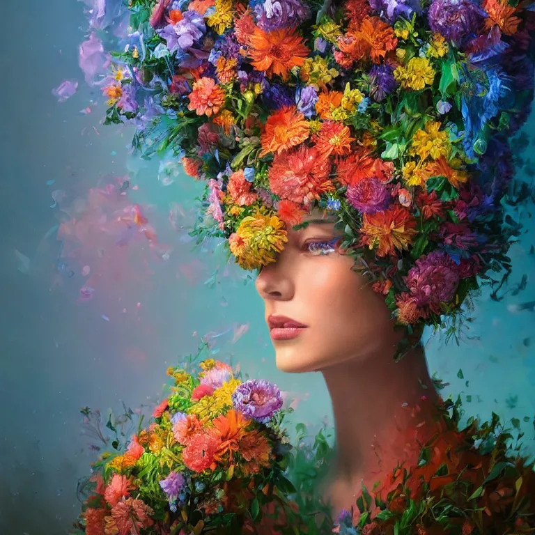 Image similar to a beautiful oil painting hyperrealism of a beautiful woman covered in flower bouquets, floral headdress, 8 k resolution, octane render, trending on artstation, by gediminas pranckevicius, volumetric light 2 blue fractal thunder glow by dan mumford, anaglyph effect, laurie lipton