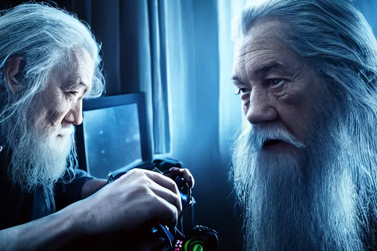 Prompt: gandalf intensely focused playing xbox, gamers chair, close up of face, high details, wrinkles, shadows, low angle photograph, face lighted by monitor, blue lighting, dark room, photo by annie leibovitz