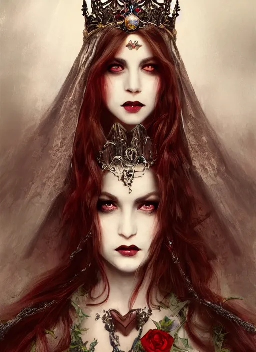 Prompt: mysterious beautiful Victorian vampire princess with long hair and a jeweled crown, fantasy, medieval, vivid colors, fantasy, elegant, concept art, sharp focus, beautiful face!!, digital art, Hyper-realistic, 4K, Unreal Engine, Highly Detailed, HD, Dramatic Lighting by Brom, trending on Artstation