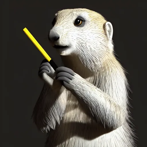 Image similar to cute anthro marmot in a black tuxedo while holding a yellow pencil in the left hand, digital art, 3 d rendered in octane, blender, maya, shadows, lighting