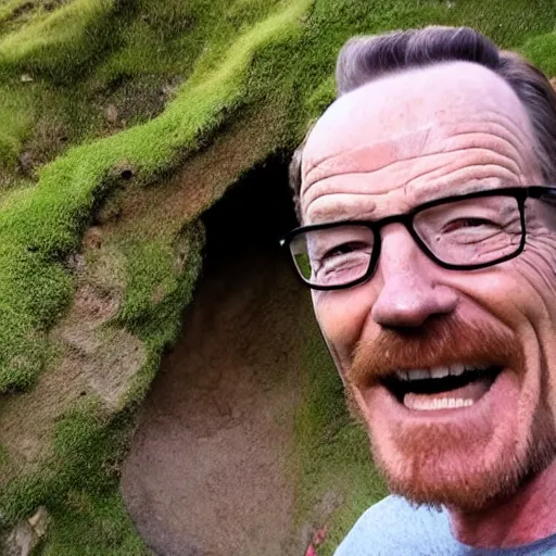 Image similar to bryan cranston excited, taking a selfie inside of an ancient cave covered in moss