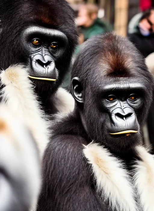 Prompt: documentary photo ordinary people wearing white cotton fur costumes of gorillas, wooden detailed masks of birds with brass sparkling fragments, reportage photography, scientific photography, noise, ultra realistic,