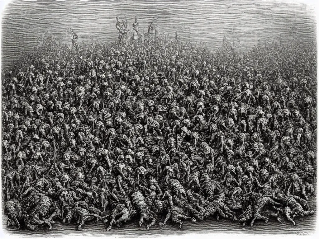 Image similar to tormented mushroom souls being taken by death. Fine art engraving by Gustave dore. 1868.