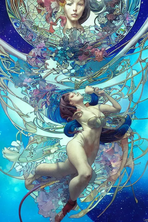 Image similar to swimming through time, by artgerm and yoshitaka amano and moebius and alphonse mucha, hyperdetailed, dc comics, ornate, nebula, explosions in the sky, trending on artstation