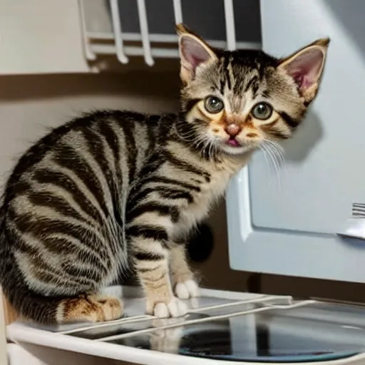 Image similar to a tabby kitten on top of a fridge in the kitchen