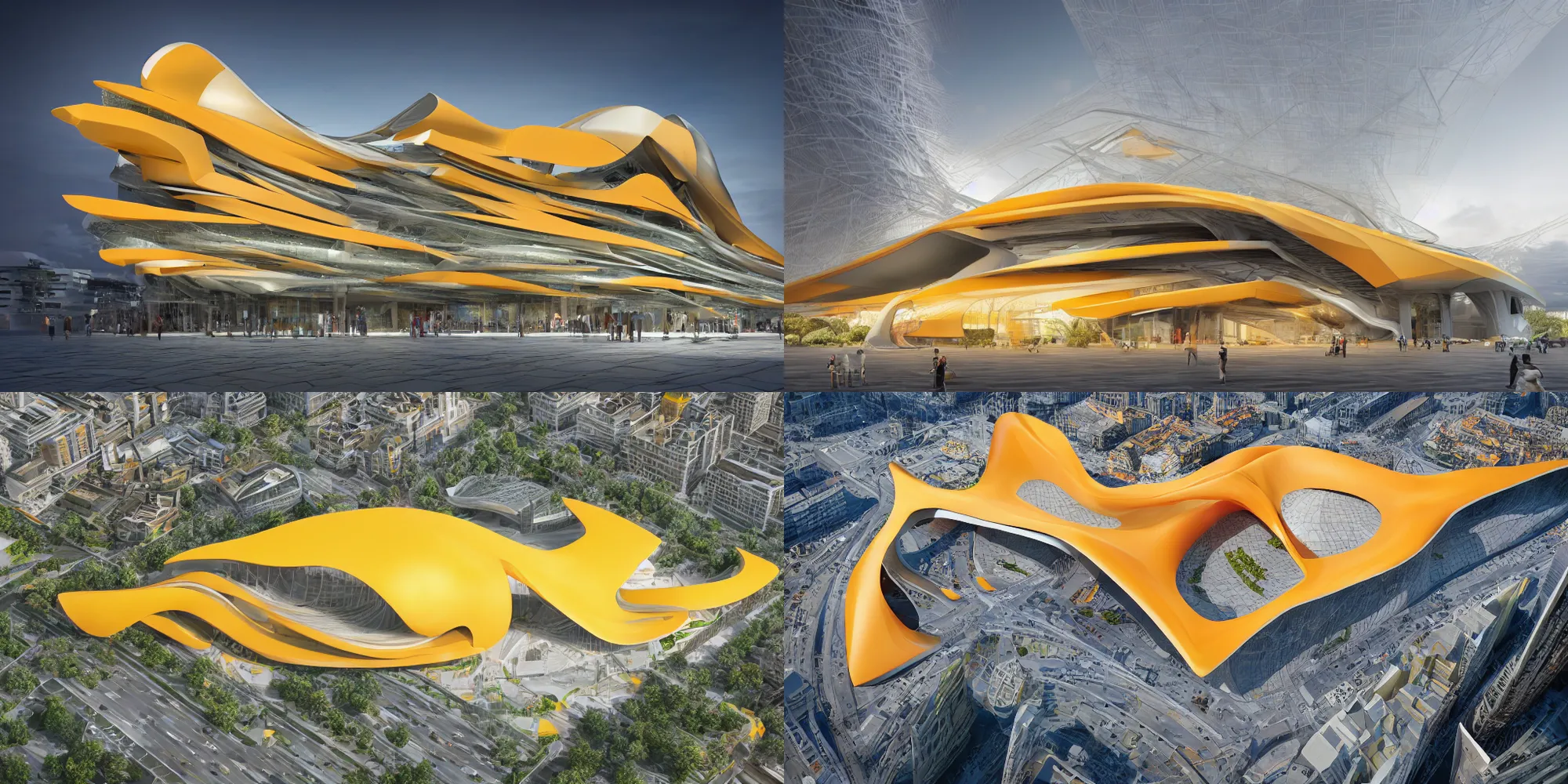 Prompt: a beautiful hyper realistic photograph, octane render, architectural render of megaestrutura, by norman foster + zaha hadid, extremely detailed, chartpak ad markers, pastel color, yellow and orange color scheme, 8 k,