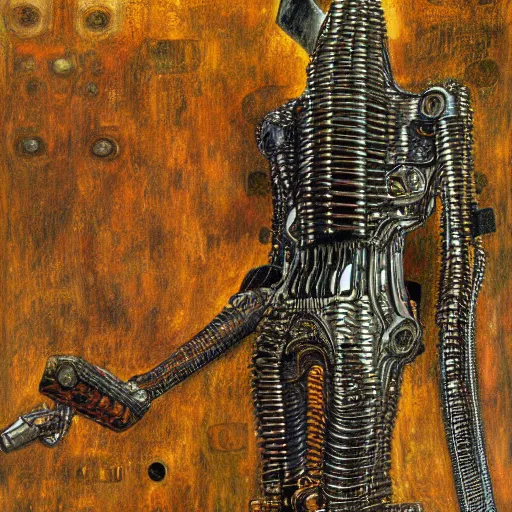 Image similar to combat mecha by h. r. giger, gustav klimt