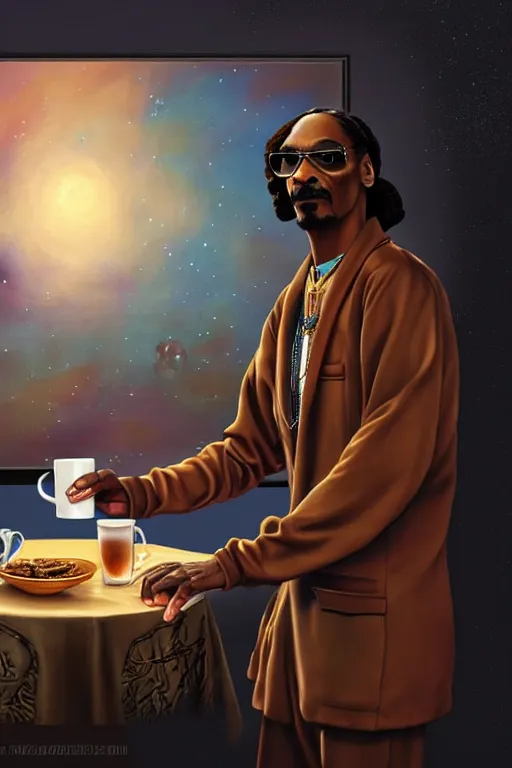 Prompt: Snoop Dogg offering a steaming mug of chai tea, against the backdrop of the universe, full body, digital painting, artstation, concept art, sharp focus, cinematic lighting, illustration, art by artgerm and Norman Rockwell, cgsociety