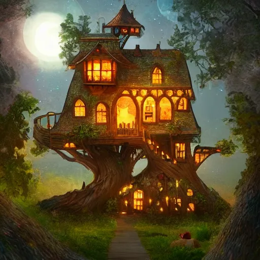 Prompt: a giant organic quaint magical fantasy treehouse, candlelit library inside, night time, moonlight, digital art, trending on artstation