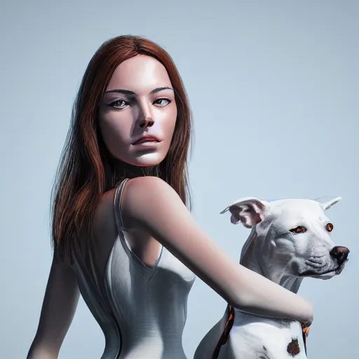 Image similar to ultra mega super hyper realistic Full lenght view contemporary art photography of highly detailed woman with highly detailed face walking with a highly detailed dog . Photo on Leica Q2 Camera lens angle 200mm, Rendered in VRAY and DaVinci Resolve and MAXWELL and LUMION 3D, Volumetric natural light