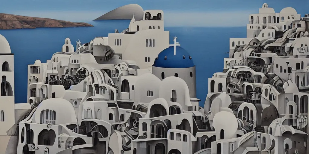 Image similar to a painting of abstract buildings like santorini by zaha hadid and yves tanguy and aaron horkey