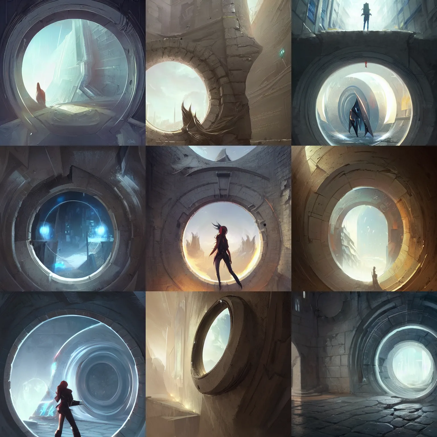 Prompt: wall with a circular magic portal to another world. extreme, angular, dynamic perspective, ethereal, urban fantasy, smooth, sharp focus, high detailed digital art trending in artstation. artist greg rutkowski