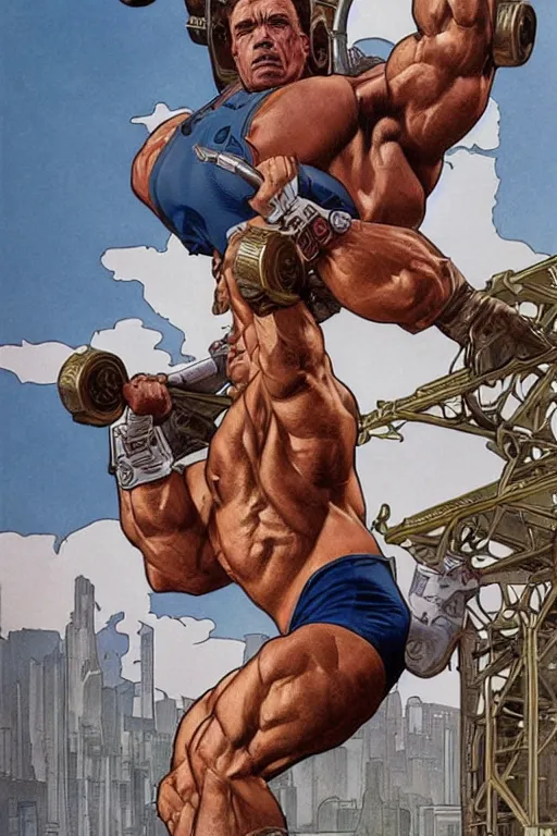 Prompt: arnold schwarzenegger power lifting a truck over his head, by artgerm and moebius and alphonse mucha, hyperdetailed, dc comics, explosions in the sky, trending on deviantart