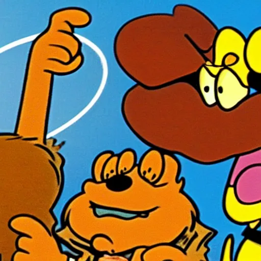 Image similar to garfield points a gun at odie, panel from garfield comic strip, illustrated by jim davis