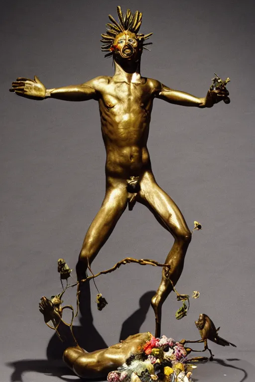 Image similar to Jean-Michel Basquiat as a bronze full-body statue of Icarus in the position of spreading his arms like a bird , glowing quartz crystal skull, wreath of ferns, flowing sakura-colored silk, fabric, flowers. baroque elements, human skull. full-length view. baroque element. intricate artwork by caravaggio. many many birds birds on background. Trending on artstation. halo. octane render, cinematic, hyper realism, octane render, 8k, depth of field, 3D