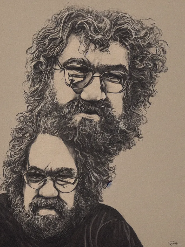 Image similar to professional painting of Jerry Garcia in the style of Quint Buchholz, head and shoulders portrait, symmetrical facial features, smooth, sharp focus, illustration, intricate, stormy weather, extremely detailed masterpiece,