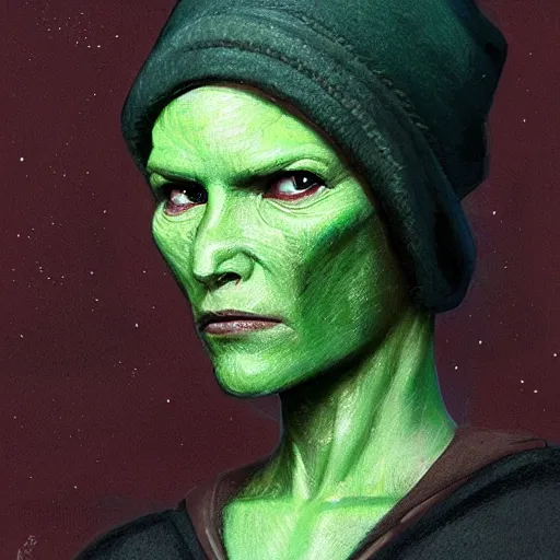 Image similar to portrait of a woman by greg rutkowski, female twi'lek, green skin, wool cap, star wars expanded universe, she is about 6 0 years old, wearing uniform of the galactic alliance navy, highly detailed portrait, digital painting, artstation, concept art, smooth, sharp foccus ilustration, artstation hq